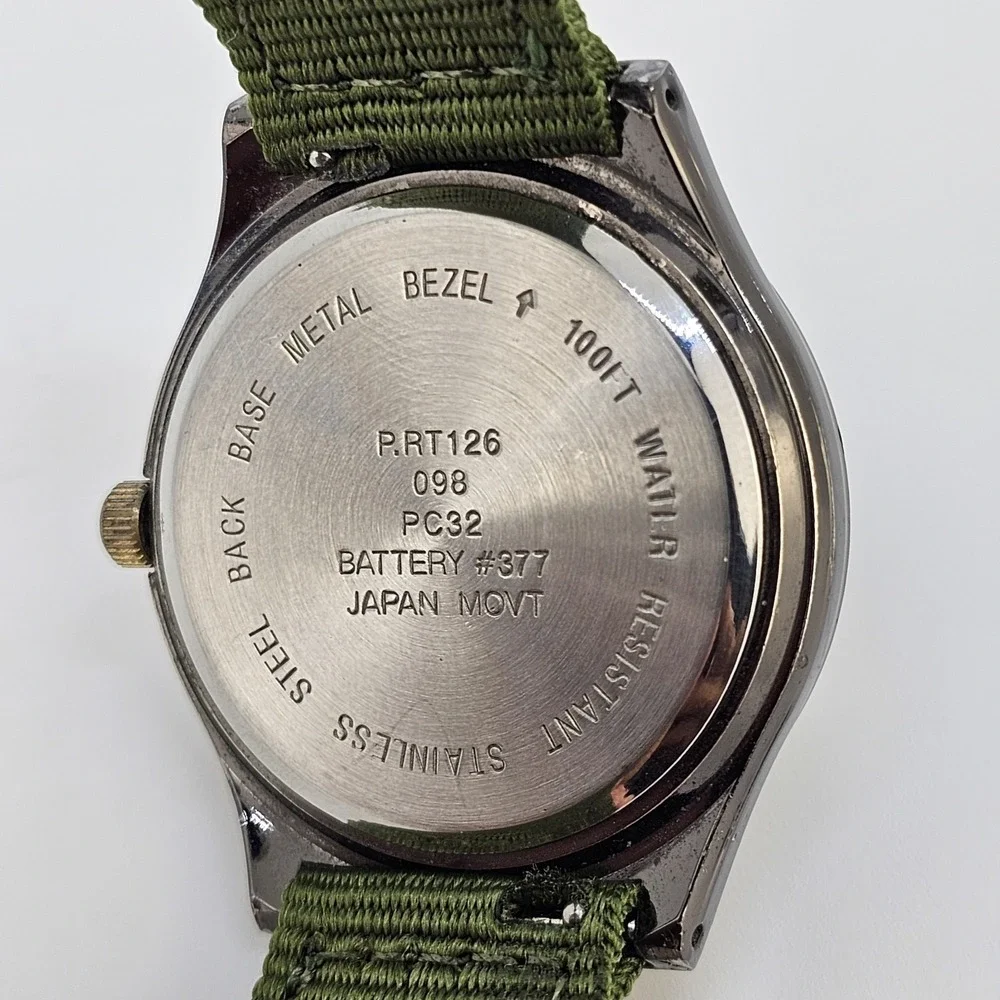 Men's Watch 37MM Black Dial Date New Army Green‎ Nylon Bands New Battery